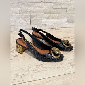 Kurt Geiger London Chelsea Slingback Block Heel Black Leather Embellished 36 EU